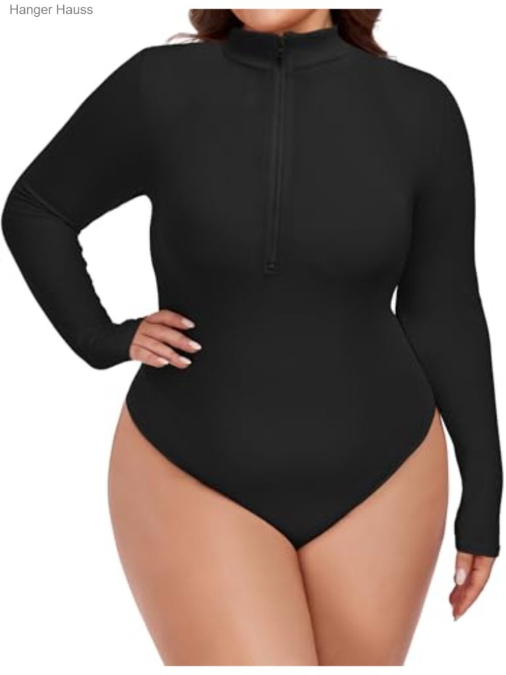 Plus Size Long Sleeve Bodysuit Zip Up Mock Neck Rayon Blend Women's